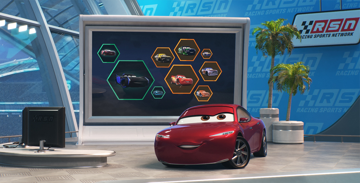 In Cars 3, Natalie Certain films a Racing Sports Network segment.