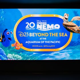 The wraparound screen at the Aquarium of the Pacific colorfully displays some of our favorite fishy friends from Finding Nemo, including Nemo, Dory, and Crush.