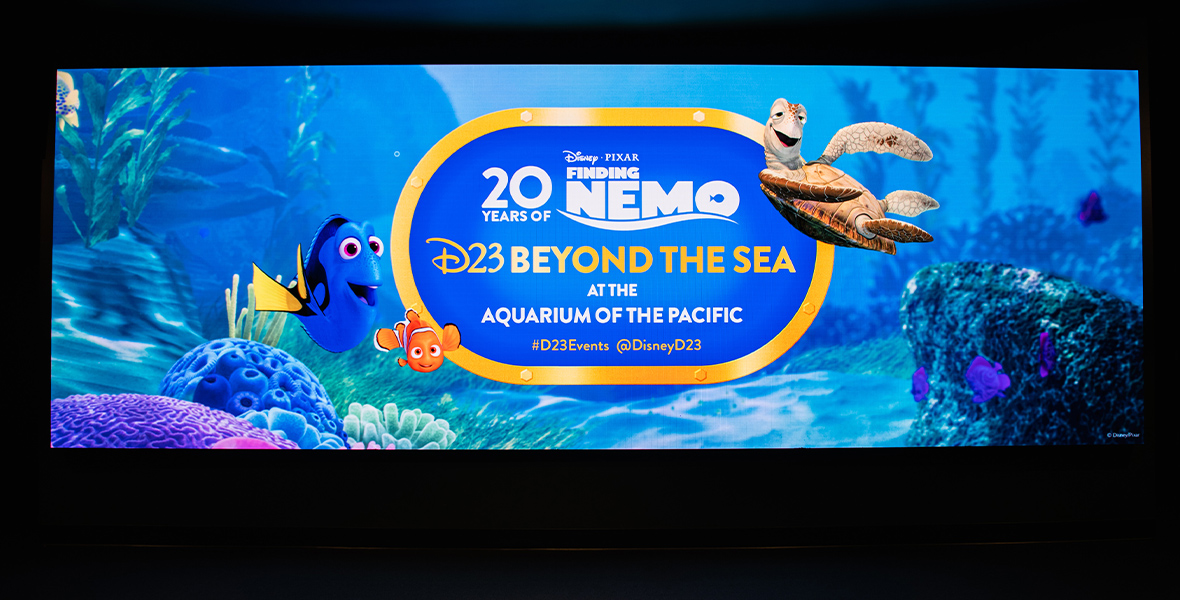 The wraparound screen at the Aquarium of the Pacific colorfully displays some of our favorite fishy friends from Finding Nemo, including Nemo, Dory, and Crush.
