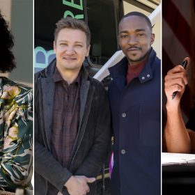 Left Image: Actor Angela E. Gibbs portrays Cricket in the series Not Dead Yet. Middle Image: Actors Jeremy Renner and Anthony Mackie stand in front of a large tour bus. Right Image: Actor Carlos Miranda plays Theo in a scene from Station 19.