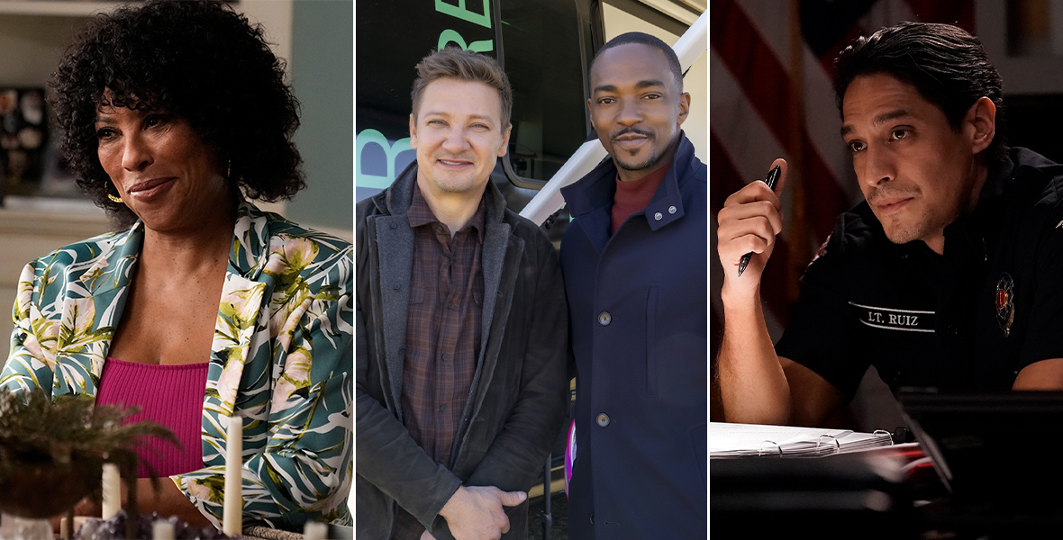 Left Image: Actor Angela E. Gibbs portrays Cricket in the series Not Dead Yet. Middle Image: Actors Jeremy Renner and Anthony Mackie stand in front of a large tour bus. Right Image: Actor Carlos Miranda plays Theo in a scene from Station 19.