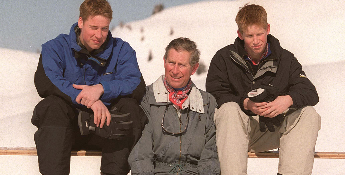 In a still from Charles: In His Own Words, Prince William (left), Prince Charles (center), and Prince Harry (right) sit together during a private holiday at a ski resort in Klosters, Switzerland, in April 2000.