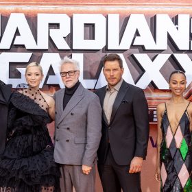Vin Diesel, Pom Klementieff, James Gunn, Chris Pratt, Zoe Saldaña, and Karen Gillan attend the European Gala for Marvel Studios’ Guardians of the Galaxy Vol. 3.