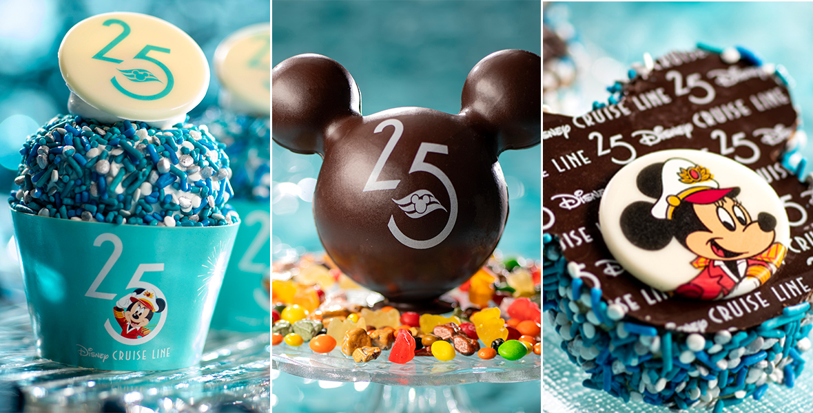 In a triptych of images, several desserts themed to Disney Cruise Line’s 25th Anniversary can be seen: a 25th Anniversary cupcake, a 25th Anniversary Mickey Chocolate Sphere, and a Captain Minnie Vanilla Crisped Rice Treat. All have a Disney Cruise Line 25th emblem, and feature blue and white sprinkles.