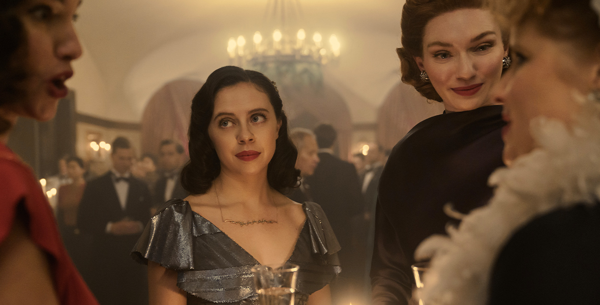 Miep Gies played by Bel Powley and Tess played by Eleanor Tomlinson attend a party in A Small Light.