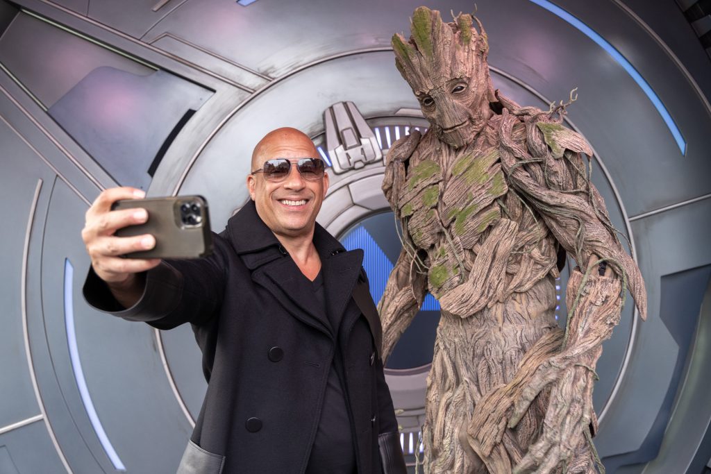 Vin Diesel and Groot attends the European Premiere of Marvel Studios’ "Guardians of the Galaxy: Vol 3" in Disneyland Paris on April 22, 2023 in Paris, France. (Photo by StillMoving.Net for Disney)
