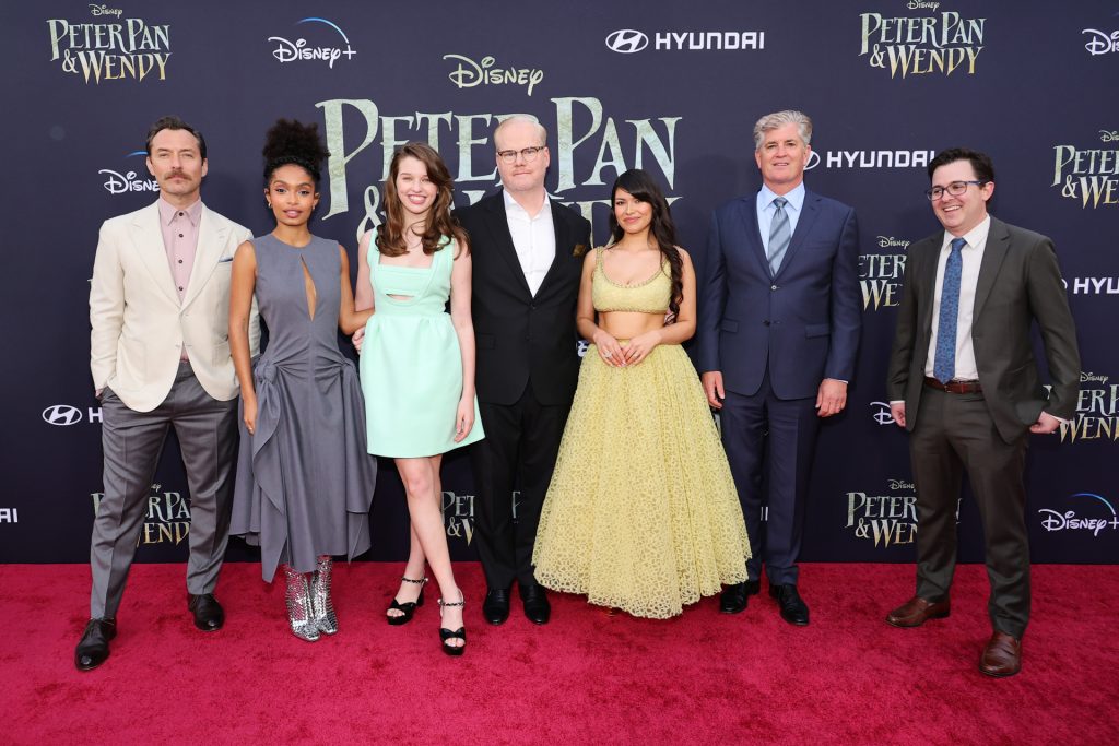 NEW YORK, NEW YORK - APRIL 25: (L-R) Jude Law, Yara Shahidi, Ever Anderson, Jim Gaffigan, Alyssa Wapanatâhk, Jim Whitaker  and Adam Borba attend the Peter Pan &amp; Wendy NY special screening at South Street Seaport Museum on April 25, 2023 in New York City. (Photo by Theo Wargo/Getty Images  for Disney)