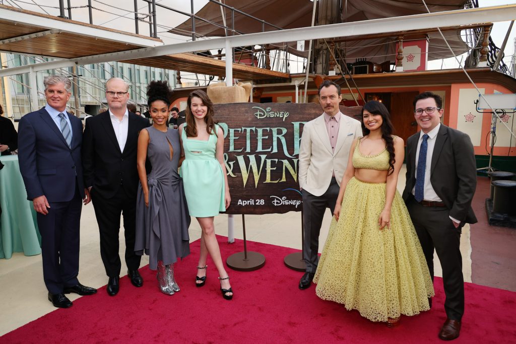 NEW YORK, NEW YORK - APRIL 25: (L-R) Jim Whitaker, Jim Gaffigan, Yara Shahidi, Ever Anderson, Jude Law, Alyssa Wapanatahk and Adam Borba attend the Peter Pan &amp; Wendy NY special screening at South Street Seaport Museum on April 25, 2023 in New York City. (Photo by Theo Wargo/Getty Images  for Disney)