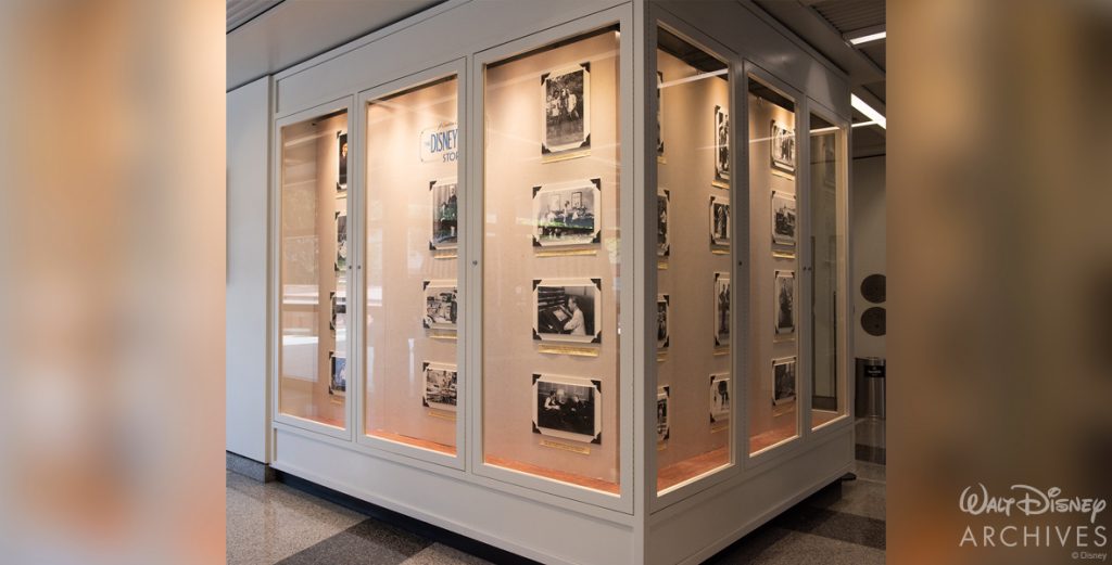 A full view of the photography display, which features images from Walt and Roy O. Disney’s childhood up through the early days of the studio.