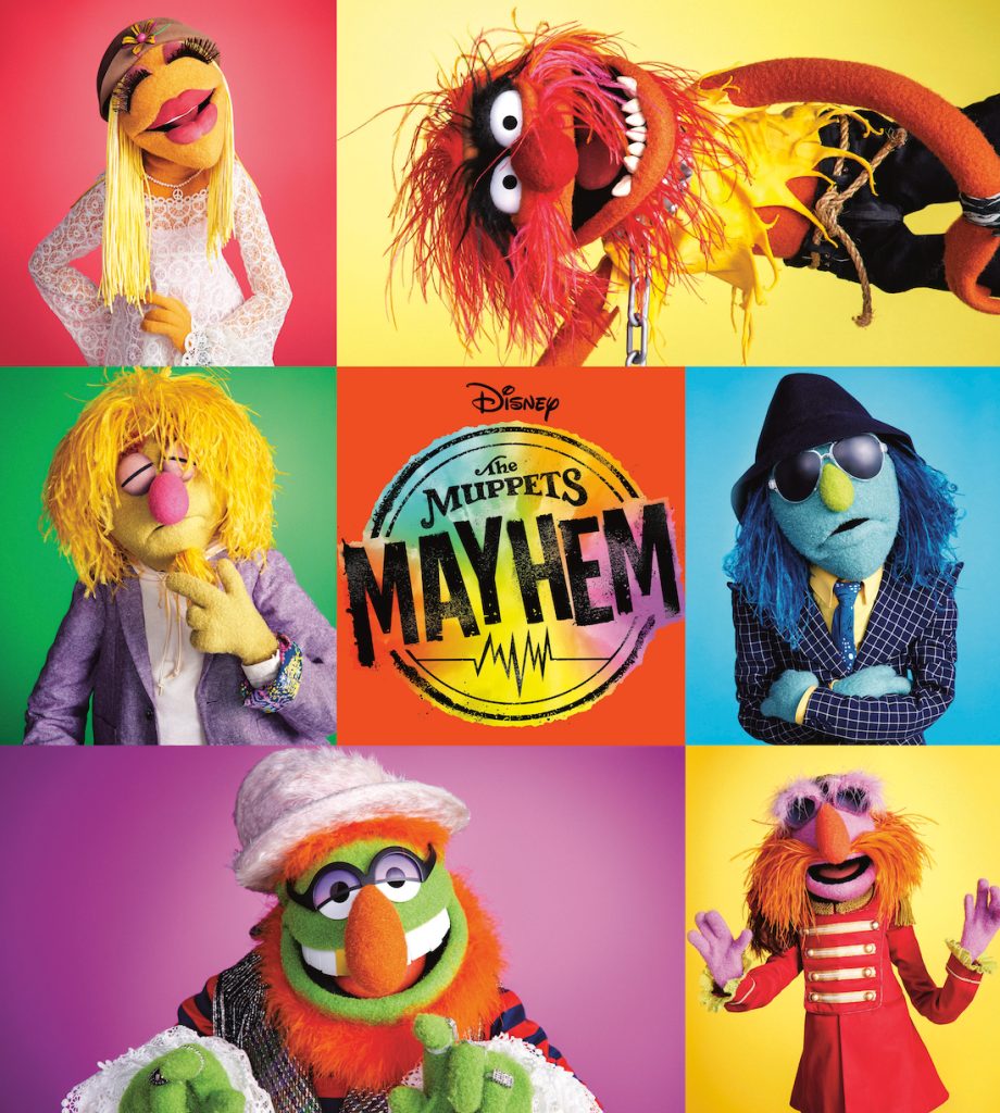 The back cover of Disney twenty-three, featuring members of the Electric Mayhem band against different colored squares. Top row: Janice and Animal. Middle row: Lips, the logo for the Disney+ series The Muppets Mayhem, and Zoot. Bottom row: Dr. Teeth and Floyd Pepper.