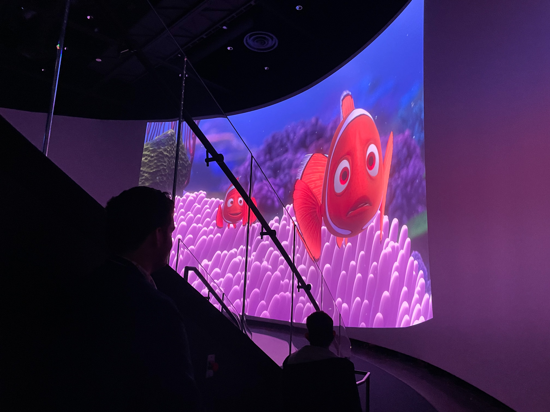 Marlin takes over the huge wrap-around screen during a scene from Finding Nemo as guests sit on the edge of their seats, ready to see the action unfold.