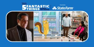 Left: In a scene from The Company You Keep, actor Tony Shalhoub plays Frankie Musso. Middle: In a scene from Kiff, an orange animated squirrel pushes a silver shopping cart in a grocery store. Right: In a scene from Raven’s Home, actor Raven-Symoné as Raven Baxter kneels next to large white buckets full of beans.