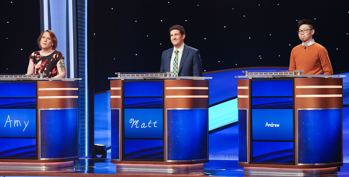 Contestants Amy Schneider, Matt Amodio, and Andrew He compete in an episode of Jeopardy! Masters.