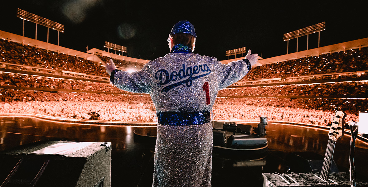 In a scene from Elton John Live: Farewell from Dodger Stadium, musician and Disney Legend Elton John performs at Dodger Stadium in Los Angeles.