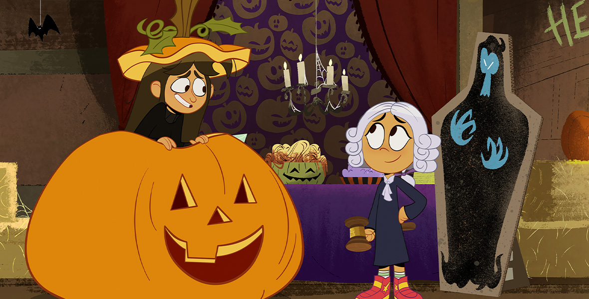In a scene from The Ghost and Molly McGee, a teenager stands inside a large pumpkin and looks at Molly McGee, who is dressed as a judge in a Halloween-themed episode.