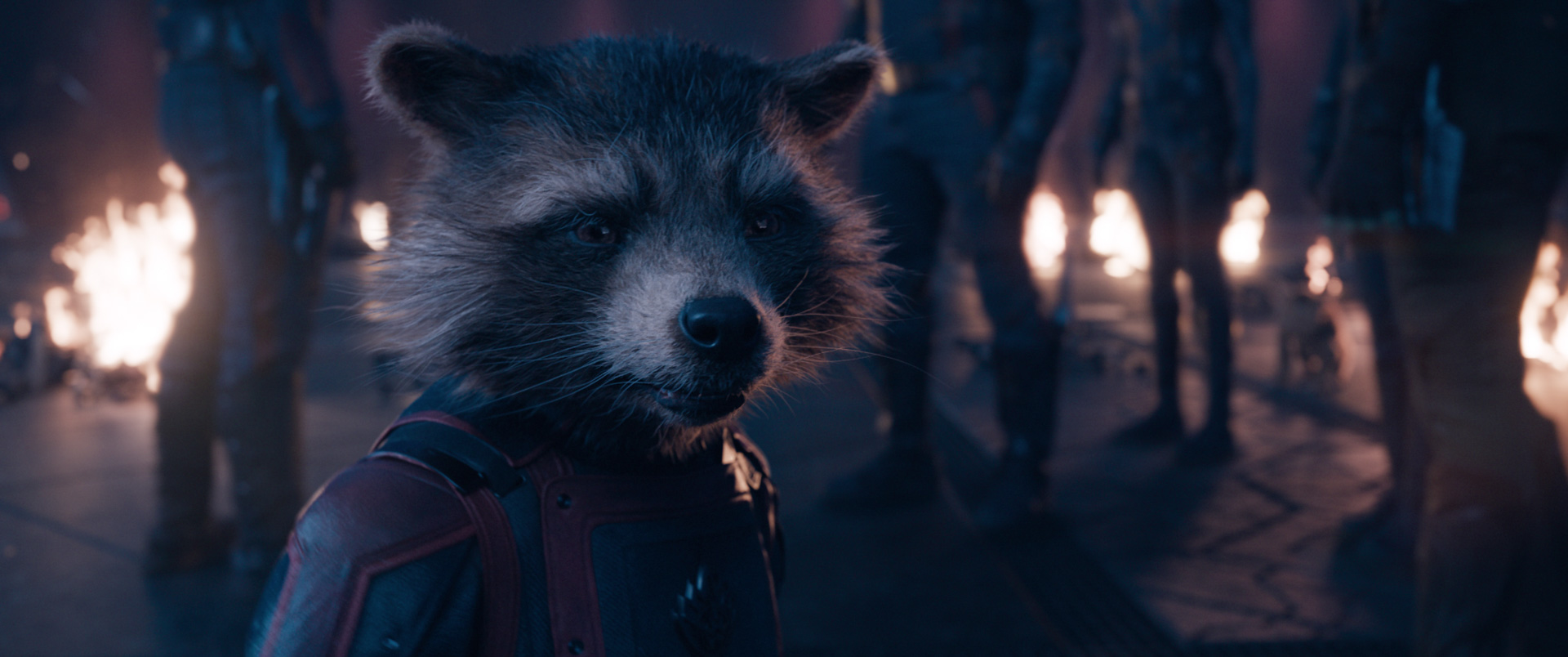 A close-up image of Rocket the raccoon in Guardians of the Galaxy Vol. 3. He appears glum, and the legs of his fellow Guardians are visible in the dark background.