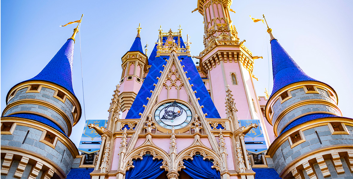 An image, taken from below, of Cinderella Castle at Magic Kingdom Park at Walt Disney World Resort, during the daytime.