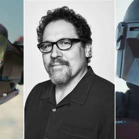 Three images side by side. On the left, Iron Man of the Iron Man films flies through the blue sky in his red and yellow metallic suit. In the center, Jon Favreau smiles in a black-and-white headshot. On the right, the Mandalorian wears his armor and helmet and looks off in the distance in the Disney+ series The Mandalorian.