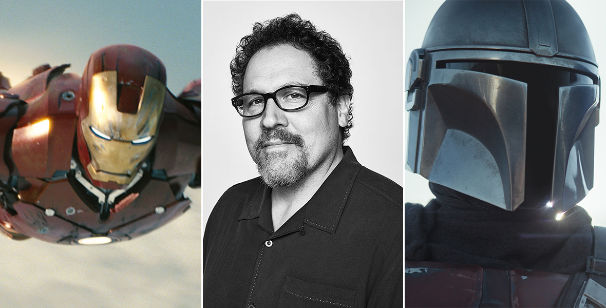 Three images side by side. On the left, Iron Man of the Iron Man films flies through the blue sky in his red and yellow metallic suit. In the center, Jon Favreau smiles in a black-and-white headshot. On the right, the Mandalorian wears his armor and helmet and looks off in the distance in the Disney+ series The Mandalorian.