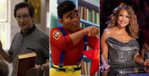 Left: In a scene from American Born Chinese, actor Ke Huy Quan stands in a school classroom and holds a book. Middle: In a scene from Firebuds, Bo and Chief Bayani build a lantern. Right: In a scene from Dancing with the Stars, judge Carrie Ann Inaba poses behind the judges’ table.