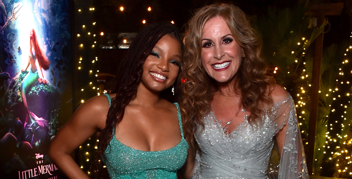 Halle Bailey and Disney Legend Jodi Benson, both actresses who have brought Ariel to life, stand together at the afterparty for the world premiere of The Little Mermaid (2023).