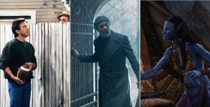 Left: In a scene from Home Improvement, Disney Legend Tim Allen, playing Tim “The Tool Man” Taylor, holds a football in his hands and stands next to a white fence. Middle: In a scene from Secret Invasion, Samuel L. Jackson, playing Nick Fury, opens an iron gate. Right: In a scene from Avatar: The Way of Water, Zoe Saldana, playing the blue Na’vi alien Neytiri, kneels and outstretches one of her arms.
