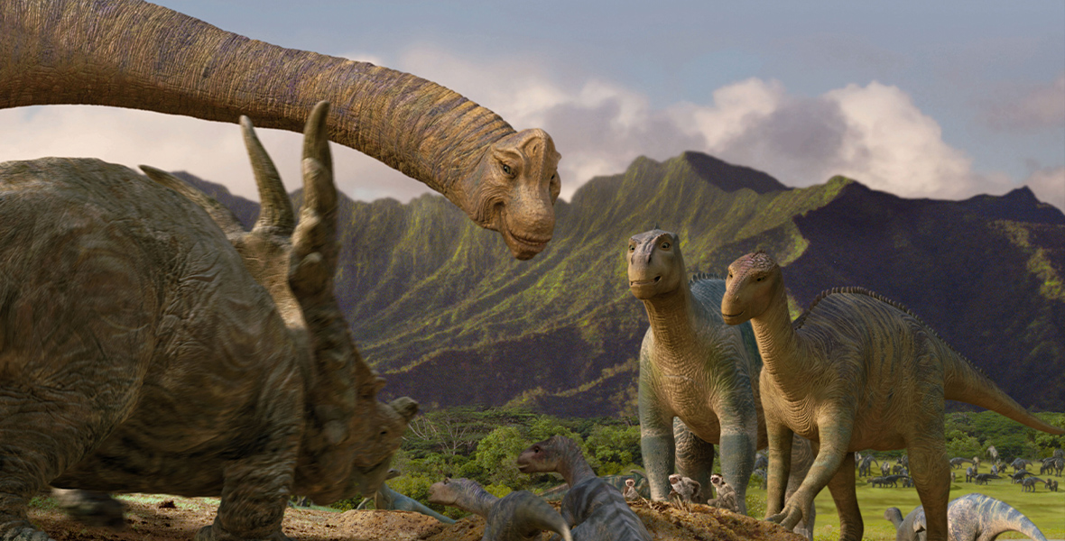 In a scene from Dinosaur, Aladar, an iguanodon, talks to a pack of dinosaurs.