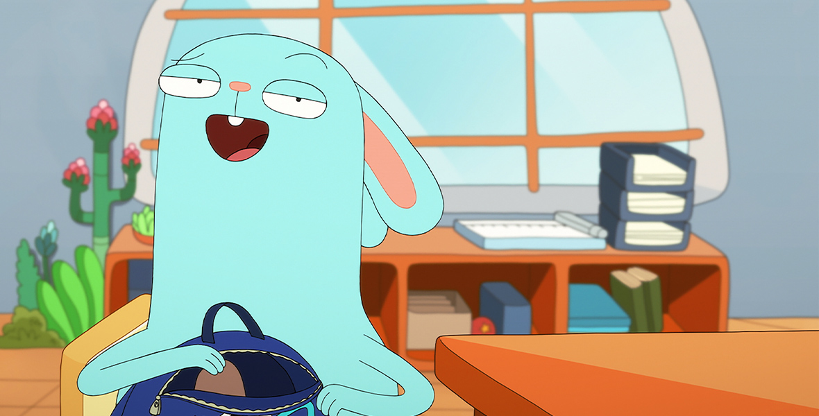 A light blue bunny holds a dark blue backpack in a scene from Kiff.