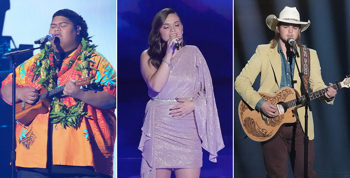 Left: Iam Tongi performs during an episode of American Idol. Middle: Megan Danielle performs during an episode of American Idol. Right: Colin Stough performs during an episode of American Idol.