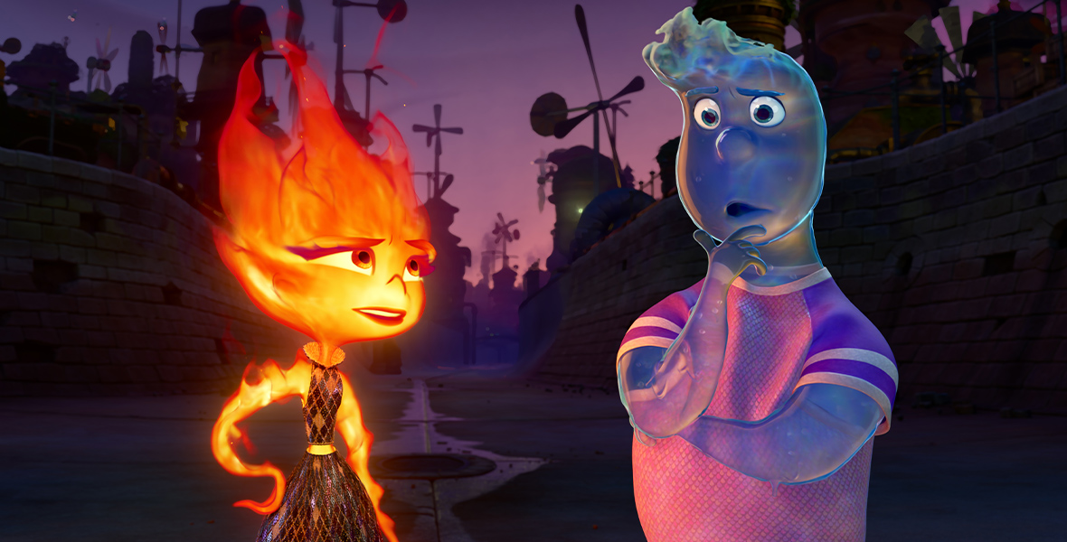 In a scene from the Pixar Animation Studios feature Elemental, Ember, a female fire person, stands on the left facing Wade, a male water person, on the right. They are outdoors at night and silhouettes of the buildings of Element City can be seen behind them.