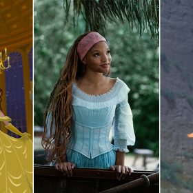 Three images are compiled side by side. On the left is a still from the animated film Beauty and the Beast, in which Belle and the Beast walk arm-in-arm into a grand ballroom to dance. In the center is a still from the live-action reimagining of The Little Mermaid, in which Ariel stands under the trees in a blue dress. On the right is a still from the animated film Tangled, in which Rapunzel hangs by her hair just above the grass outside her tower, nervous to put her feet down.