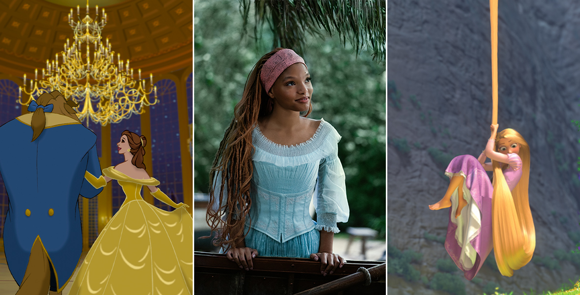Three images are compiled side by side. On the left is a still from the animated film Beauty and the Beast, in which Belle and the Beast walk arm-in-arm into a grand ballroom to dance. In the center is a still from the live-action reimagining of The Little Mermaid, in which Ariel stands under the trees in a blue dress. On the right is a still from the animated film Tangled, in which Rapunzel hangs by her hair just above the grass outside her tower, nervous to put her feet down.