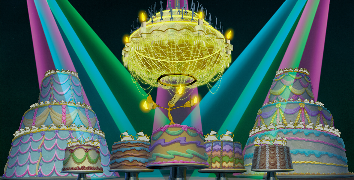In the animated film Beauty and the Beast, the candelabra Lumiere dances atop a table of enormous and colorful cakes in the showstopper number, “Be Our Guest.”