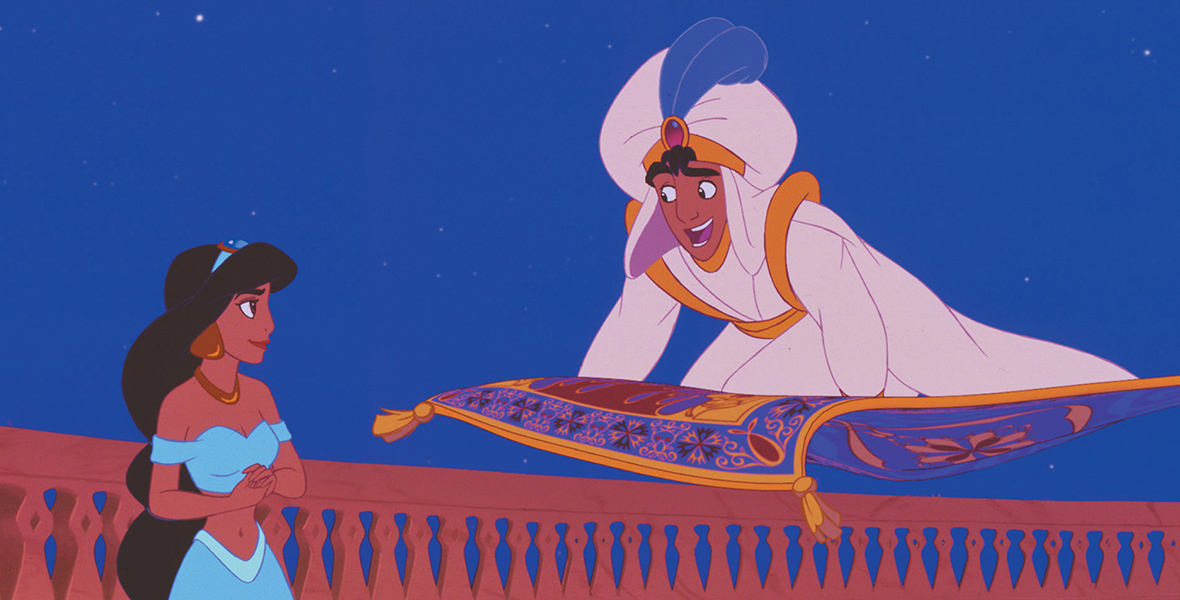 In the animated film Aladdin, Aladdin kneels atop the Magic Carpet under the night sky. It hovers just above Jasmine’s balcony, who stands and looks intrigued by Aladdin and the Carpet.