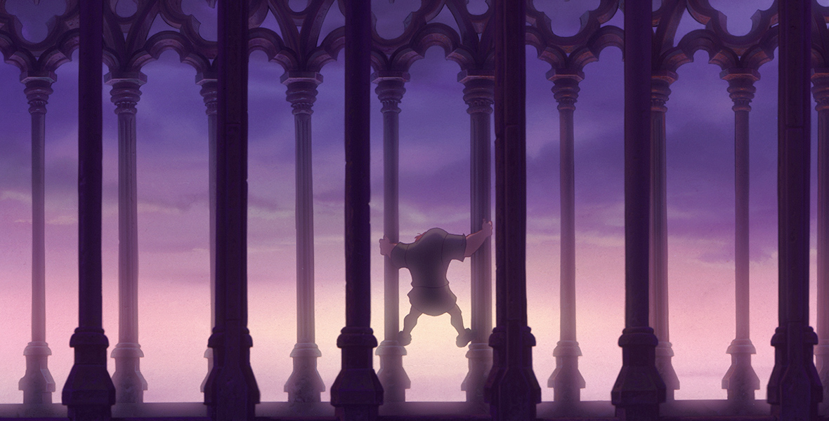 In the animated film The Hunchback of Notre Dame, Quasimodo climbs between two pillars of Notre Dame. The still shows his silhouette and the purple and pink sky that he gazes out at.