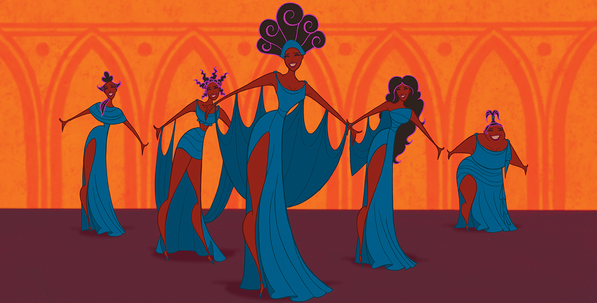 In the animated film Hercules, the five muses sing and dance in a V formation. The background is orange and bright behind them.