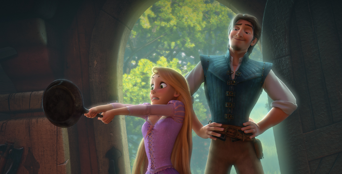 In the animated film Tangled, Rapunzel and Flynn Rider enter the Snuggly Duckling tavern. They stand in the doorway as Rapunzel braces her frying pan, looking terrified. Flynn smiles with his hands on his hips.