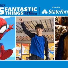 Left: Young Spidey is seen soaring through the air in an image from the Disney Channel series Marvel's Spidey and his Amazing Friends. He’s wearing his usual red suit. Middle: In a promo image from Disney+’s American Born Chinese, Jin (Ben Wang) is standing on a table in the cafeteria at his high school. He’s wearing a blue and black long-sleeved t-shirt and his arm is raised. Right: In an image from Shang-Chi and The Legend of The Ten Rings, Shang-Chi (Simu Liu) is standing in a dimly lit room, standing behind a table filled with unique objects and scrolls. Hundreds of scrolls are seen in the bookcases that line the wall behind him.