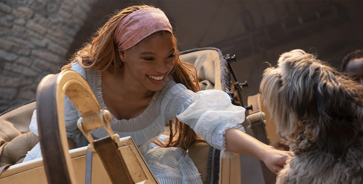 In Disney’s live-action reimagining of The Little Mermaid, Ariel (Halle Bailey) sits in her human form in a carriage, wearing a pretty pale blue dress and pink headband. She grins and reaches down to pet a dog with shaggy white fur.