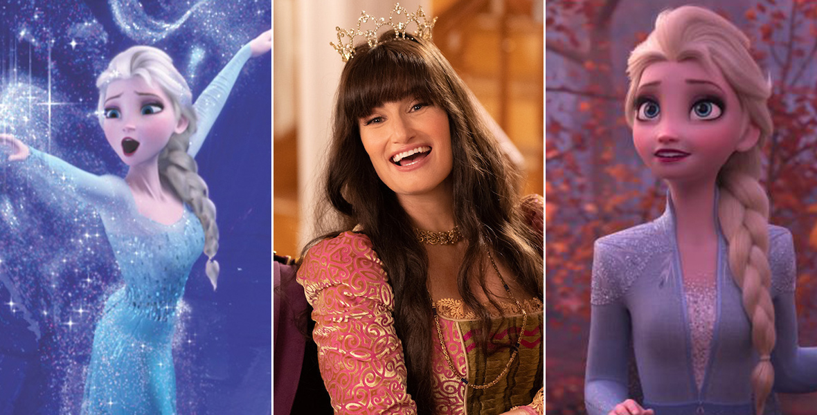 In this triptych of Disney Legend Idina Menzel, she (or the character she voiced, Queen Elsa) can be seen—from left to right—in images from the films Frozen, Disenchanted, and Frozen 2. In the image from Frozen, Elsa is wearing her iconic blue and white gown and conjuring magical ice and snow. In the image from Disenchanted, she’s wearing a brocade pink and gold gown and a thin gold crown; she is singing. In the image from Frozen 2, she is standing in a forest among trees with red and orange leaves.