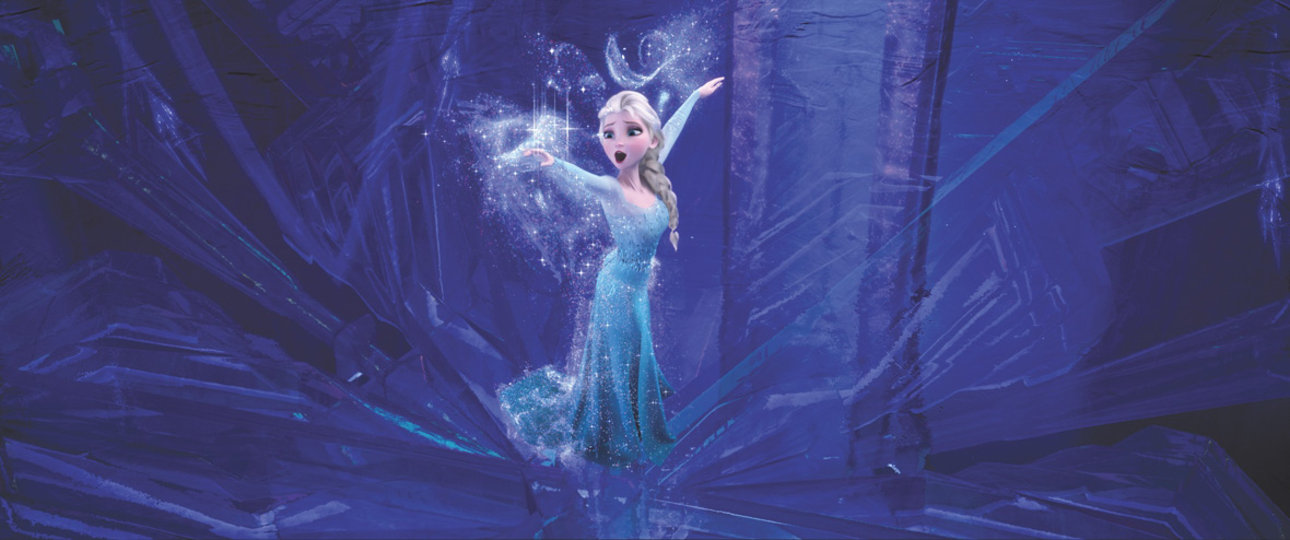 In this image from Frozen, Queen Elsa (voiced by Disney Legend Idina Menzel) is wearing her iconic blue and white gown and standing in her ice palace, singing and conjuring magical snow and ice. Her blond hair is in a long braid.