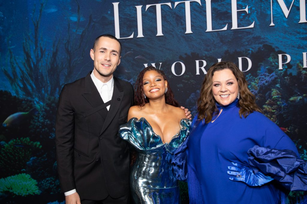 Jonah Hauer-King, Halle Bailey and Melissa McCarthy attend the World Premiere of Disney's "The Little Mermaid" at the Dolby Theatre in Hollywood, CA on Monday, May 8, 2023 (photo: Alex J. Berliner/ABImages)