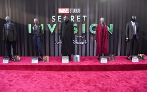 From left to right: Costumes for Talos, G&rsquo;iah, Nick Fury, Sonya Flasworth, and Colonel James Rhodes were on display at the Secret Invasion launch event in Hollywood.