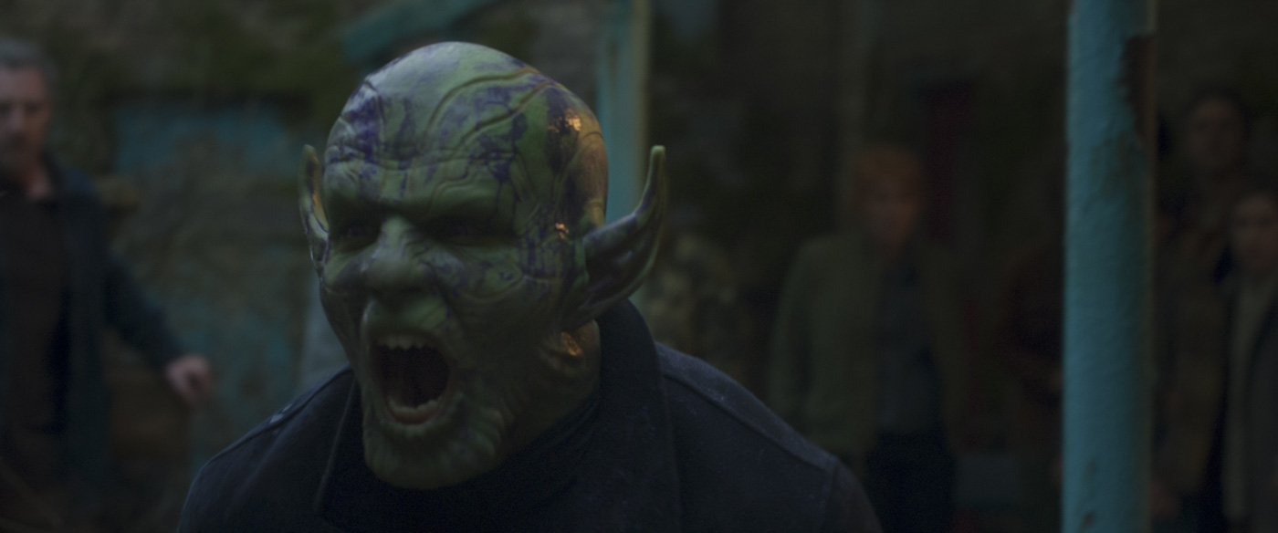 In a scene from the Marvel Studios series Secret Invasion, Gravik, played by Kingsley Ben-Adir, is shouting in his Skrull form, meaning he is green with large pointy ears.  