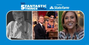 Left: Disney Legend Howard Ashman is seen looking down at a music stand in a black and white image from the documentary Howard. Middle: Neil Patrick Harris and Bianca Del Rio are seen in a promotional image from Hulu’s Drag Me to Dinner. They are sitting at a bar; Harris is wearing a tux and Del Rio is wearing a colorful gown. Right: An image of Disney Legend Robin Roberts from the Disney+ series Turning the Tables with Robin Roberts. She is wearing a black and white striped blouse, and blurry twinkly lights can be seen behind her.