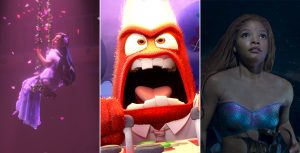 Three images are side by side. On the left is a still of Isabella from the animated film Encanto. Under a pink light, a young woman sits on a floral swing high in the air as flower petals fall around her. Isabella has long dark hair and a flowing light purple dress. The middle still is of Anger from the animated film Inside Out. In Headquarters, the bright red emotion loses it as flames spout from his head and he screams out, slamming forward two control levers. In the live-action reimagining of The Little Mermaid, Ariel looks up in her grotto. She has long red hair and an iridescent purple top.