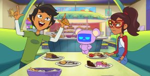 In a scene from Hailey’s On It!, two animated teenagers, Scott and Hailey, sit across from each other in a restaurant booth.