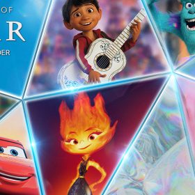 A collage of Pixar characters designed so each character appears to be in a facet of a diamond. The characters included are Woody, Lightning McQueen, Miguel, Ember, Sully, Dory, and Elastigirl. In one of the facets, white text displays the following: The Wonder of Pixar #SHARETHEWONDER. The text is on a blue background. In the lower right corner of the image is the logo for Disney100, also white text on a blue background.
