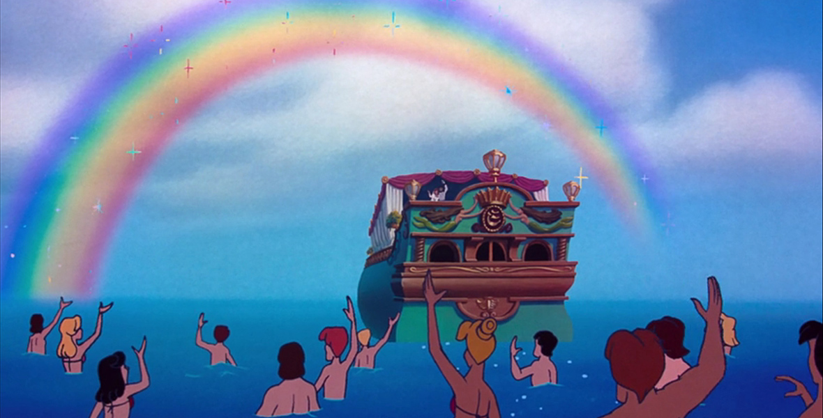 A green boat sails under a bright, sparkling rainbow that has spread across the sky. In the foreground, merpeople float in the water, waving goodbye to Ariel and Prince Eric, who can be faintly seen waving from the balcony of the boat.