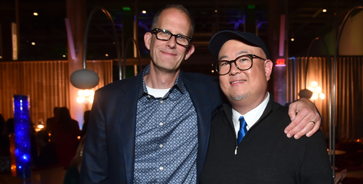 Pete Docter, CCO, Pixar and Elemental director Peter Sohn pose together at the film’s premeire.